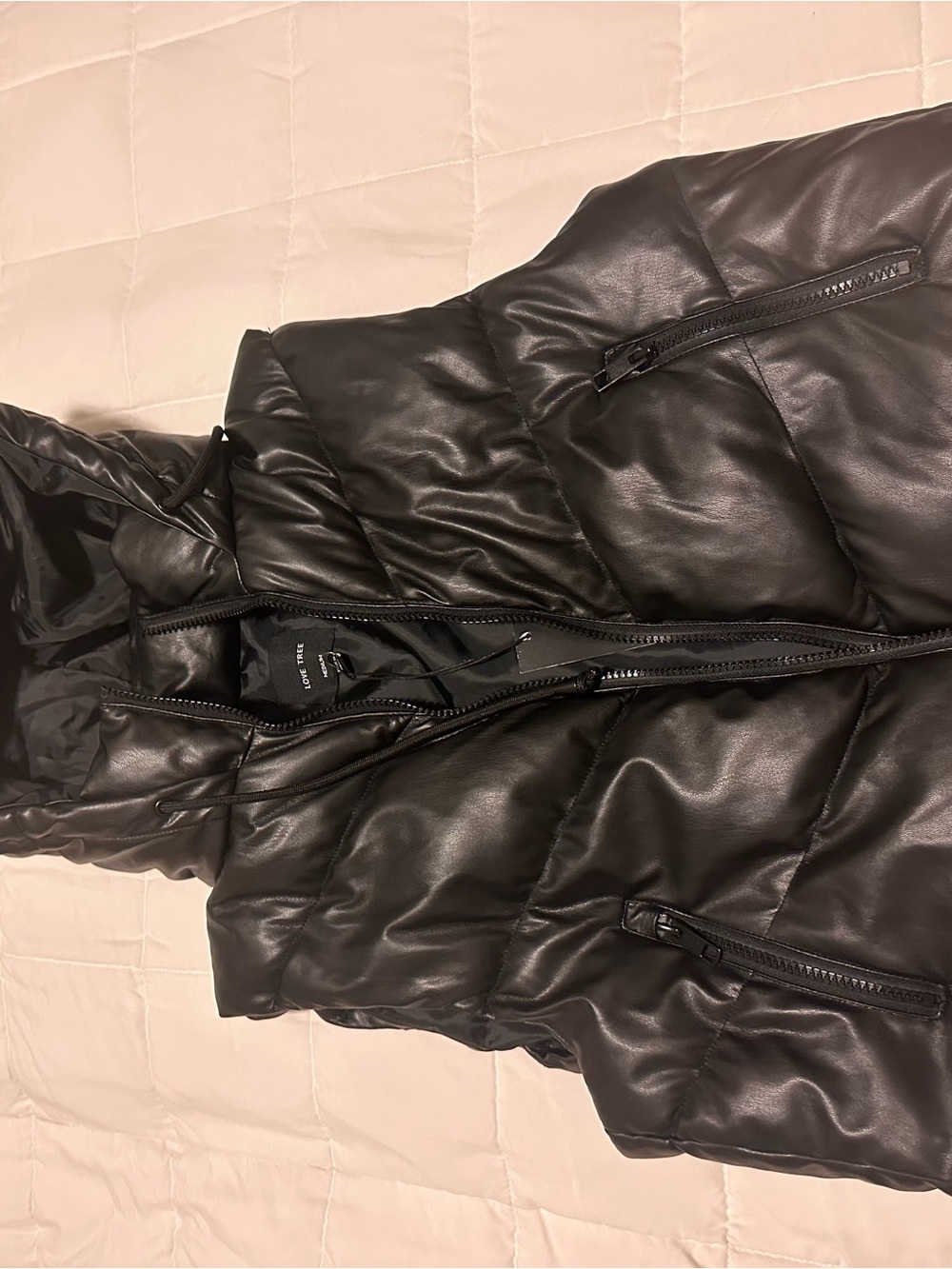 Love Tree Black Quilted Faux-Leather Puffer Vest